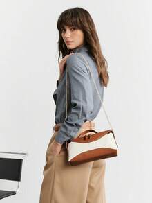 SHECARRY Ladies Casual Canvas Splicing Handbag - Beige Canvas + Brown - View 8