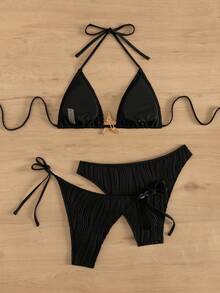 Swim Basics 3件套女士夏季沙滩纯色金属海星装饰挂脖系带性感比基尼泳装套装 - 黑色 - 查看 2