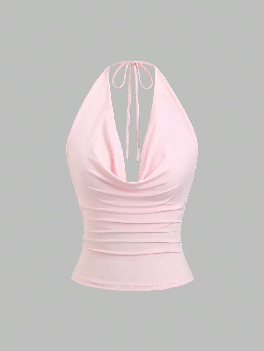 Sweetra 女士新款时尚百搭露背吊带针织衫，收腰上衣 - 粉色 - 查看 1