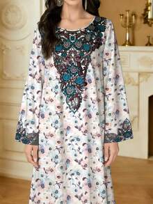 SHEIN Najma 碎花V领长袖连衣裙，女士优雅碎花长裙，阿拉伯风格服装，春夏款 - 彩色 - 查看 3