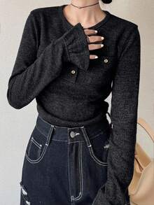 FRIFUL Women's Round Neck Fitted Casual Textured Ribbed Cuff Flare Sleeve Splice Half-Placket T-Shirt - Black - View 2
