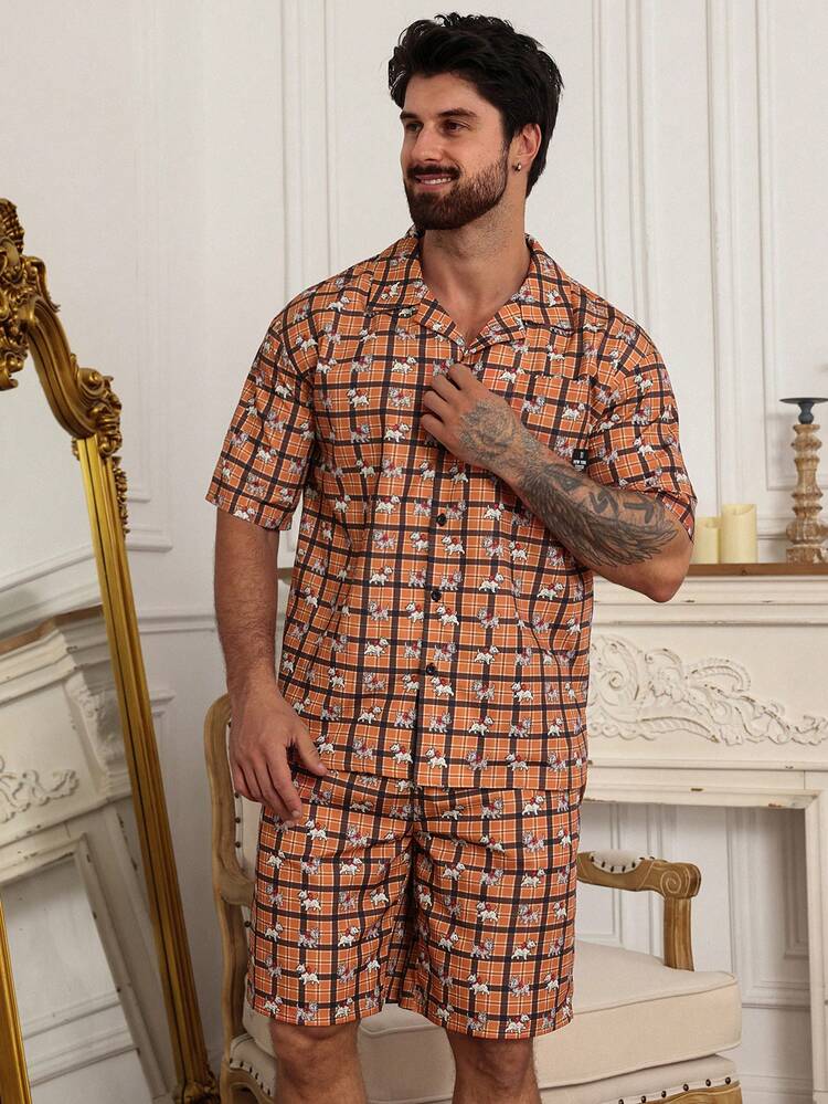 Men's Plaid Short Sleeve Top And Shorts Pajama Set, Summer