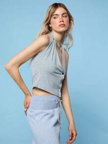 COUREZ Halter Top With Cut Out Front Detail /Y2K Summer For Women Cute Sexy Grey Top Sleeveless Top Halter Neck Beach Holiday Summer Vacation Going Out - Grey - View 6