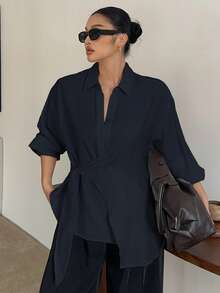 Dazy Plus Camisa blanca de manga larga con cuello vuelto, parte delantera semi-abierta, dobladillo con cordón, adecuada para primavera, otoño y verano para mujer talla grande - Azul Marino - Ver 4