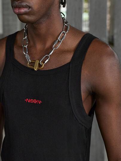 NEON BLANC Camiseta regata masculina casual, justa, sem mangas, preta com bordado, para o verão.