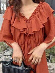 FRIFUL Women's Ruffle Collar Decor Waist Flared Hem Dress, Solid Color Vacation Style Sun Dresses For Women Summer - Orange - View 6