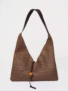 MUSERA 草编仿皮串珠手提包 可爱夏季沙滩泳装外出日常春季度假配饰 - 棕色 - 查看 2