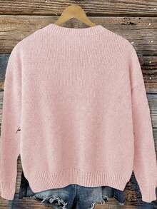 Linhara 大码女式花卉刺绣圆领休闲日常长袖毛衣 - 粉色 - 查看 2