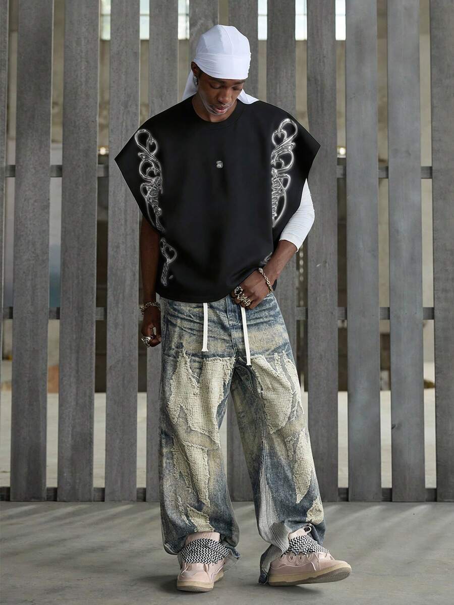 NEON BLANC Men's Neon Script Alphabet Print Tank Top, Oversized Cropped Sleeveless Street Style Essential - Black - View 1