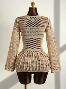 Zestiva Women's Elegant V-Neck Khaki Long Sleeve Tassel Hem Mini Dress, Suitable For Vacation - Khaki - View 2