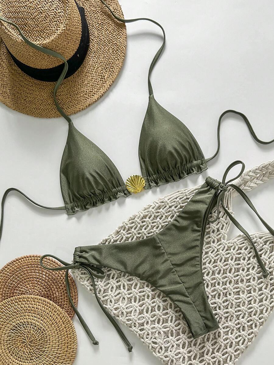 Swim Chiccia Springbreak Women's Solid Color Spaghetti Strap Metal Shell Decor Side Tie Minimalist Bikini Set, Summer - Army Green - View 1