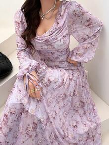 Feyla 优雅浪漫印花褶皱女式连衣裙 - 彩色 - 查看 6