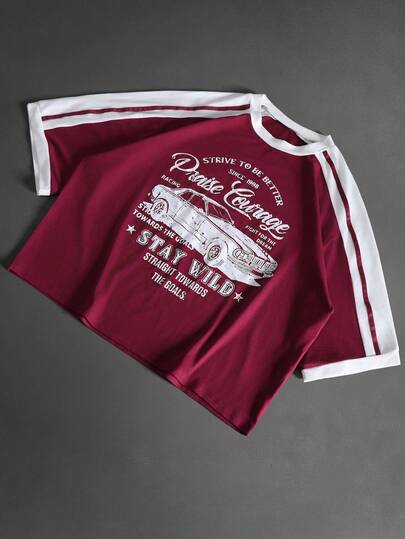 STYNVO 男士休闲撞色汽车字母印花T恤，夏季