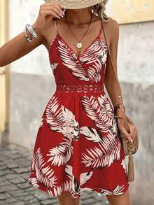 Brillora 夏季沙滩热带印花尔蕾丝拼接吊带连衣裙，度假，度假风，夏季假日装扮，女士裹身连衣裙，裹身裙，女士裹身裙，女式连衣裙，红色碎花连衣裙，夏季连衣裙，度假连衣裙 - 紅色 - 查看 5