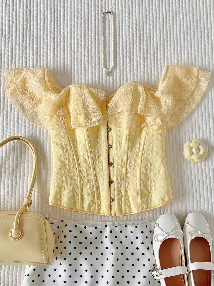 Comfortcana Women's Elegant Vacation Style Lace Trim Jacquard Camisole Top - Yellow - View 1