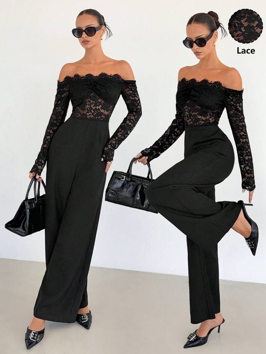 Siren Gaze 女士性感蕾丝透视镂空露肩连体裤，黑色，优雅蕾丝拼接一体式连体裤 - 黑色 - 查看 1