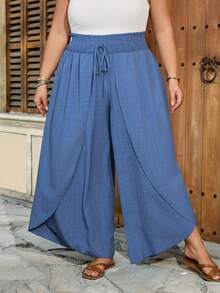 SHEIN CURVE+ Curve 尺码 US22 音乐节、海滨度假、波西米亚纯色时尚休闲宽松喇叭裤，适合夏季穿着 - 藍色 - 查看 4