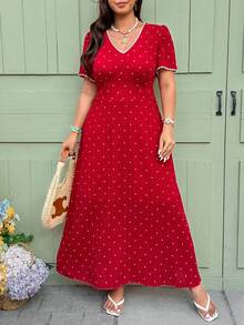 Vionelle Vestido negro con estampado floral diminuto y encaje blanco en escote en V de talla grande, vestido rojo midi de primavera/verano, vestido rojo casual, vestido rojo, vestido de lunares, vestido rojo de mujer, vestido rojo de lunares, vestido rojo de verano, vestido rojo de mujer, vestido midi de verano - Rojo - Ver 5