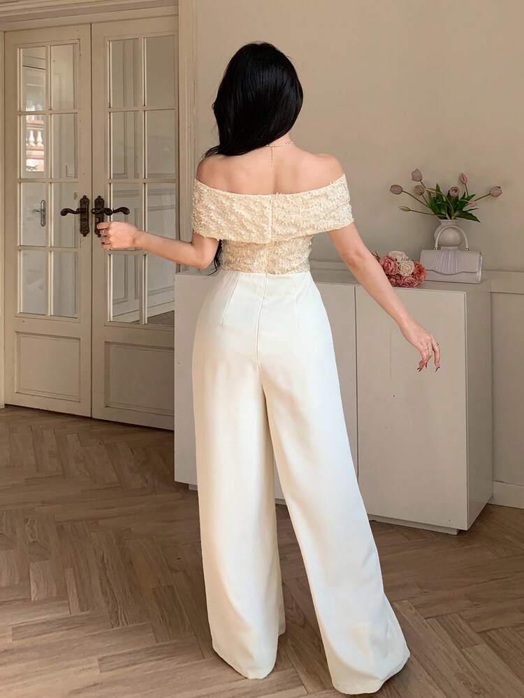 DAZY Mono elegante de mujer con parches de lentejuelas y hombros descubiertos, de pierna ancha, para verano - Beis - Añade 2
