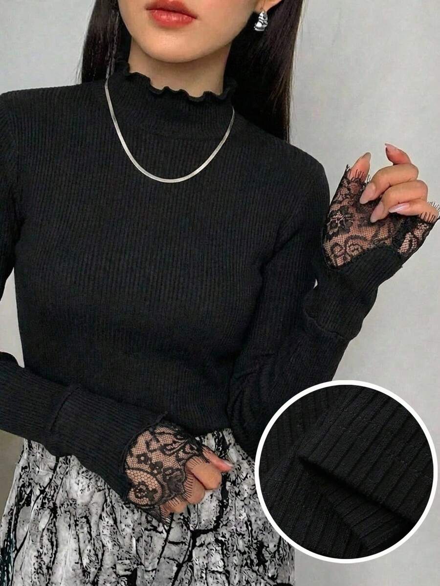FRIFUL 女士优雅纯色撞色蕾丝长袖T恤 - 黑色 - 查看 1