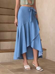 Selenza 女士休闲裹身牛仔迷你裙，夏季 - 藍色 - 查看 4