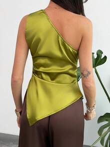 Aloruh Áo kiểu nữ màu trơn, cổ lệch, xếp ly, không tay, thanh lịch. - Màu Mù tạt vàng - Xem 3