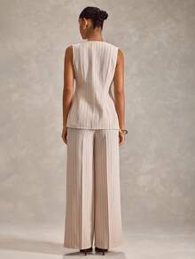 RueChic Women Striped Linen Fabric Detailed Two Pieces Suit Sets Fake Linen - Beige - View 2