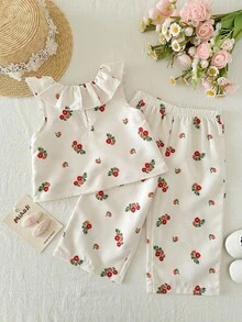 SHEIN LMoss Kids 女宝宝夏季度假可爱碎花荷叶边无袖上衣和松紧腰裤套装 - 卡其色 - 查看 9