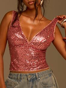 Athîral Women's Sequin V-Neck Cropped Top, Fashionable For Party In Summer - Pink - View 4