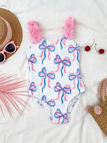 SHEIN Traje de baño de una pieza con rayas y lazo y flor 3D para niña - Azul y blanco - Ver 3