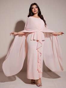 Viva Relle Plus Size Women's Baby Pink Chiffon Cape Dress,Elegant Flowing Long Ruffle Dress For Summer Wedding Ninang - Pink - View 5