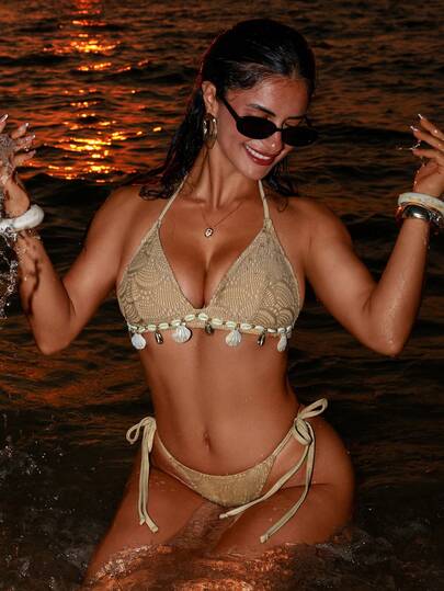 Swim SXY Conjunto de bikini con colgante de metal decorado de punto para mujer