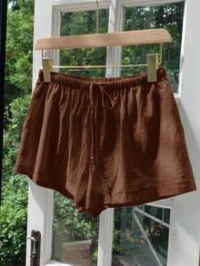 Comfortcana Quần short nữ màu trơn, thắt eo, kiểu dáng thường ngày, đa năng. - Cà phê nâu - Xem 2