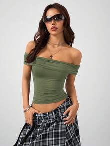 Coolane 女士春夏Y2K复古90年代音乐节派对弹力舒适褶皱黑色修身露肩百褶上衣 - 綠色 - 查看 5