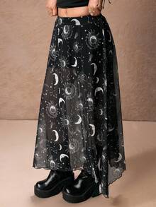 ROMWE PETITE 女士复古嬉皮女巫月亮星星印花高开衩不对称下摆半身裙 - 黑色 - 查看 4