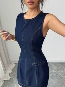 Elenzga Women's Casual Round Neck Denim Dress For Daily Wear - Dark Wash - View 5