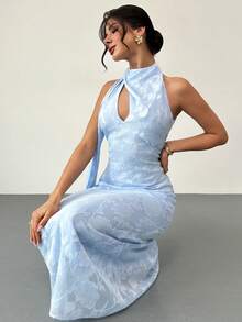 Firerie Women's Elegant Light Blue Long A-Line Dress,Flared Hollow-Out Waist Wedding Guest Bridesmaid Dress,Summer Tropical Holiday Vacation Holiday - Sky Blue - View 6