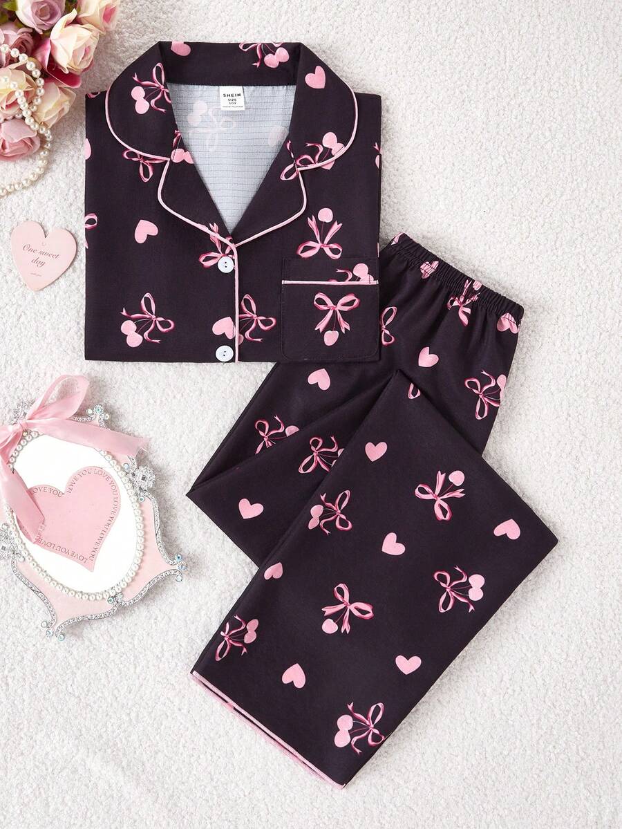 Genkimix Kids School Girl Pajamas Set For Tween GirlsBlack With Cherry & Heart Print Long Pants And Cardigan, Long Sleeve Casual 2-Piece Loungewear - Black - View 1