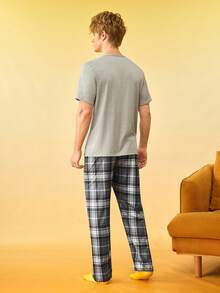 卡通披萨印花男士圆领短袖上衣和格子印花长裤睡衣套装 - 彩色 - 查看 2