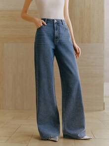 Anewsta Women's High Waist Fashionable Rhinestone Embellished Straight Loose Wide Leg Jeans - Blue - View 7