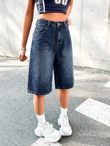 SHEIN 千禧年朋克风少女宽松牛仔长短裤，复古水洗工艺，骷髅、翅膀、藤蔓刺绣图案，休闲、校园、春夏波西米亚风演唱会、锐舞派对等场合皆宜 - 深色水洗藍 - 查看 5