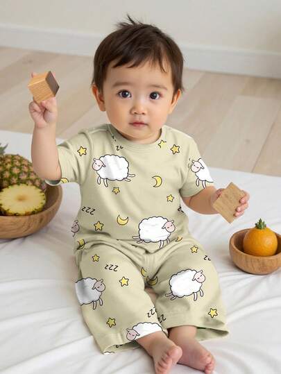 2pcs/Set Baby Boys Casual Loose Printed Crew Neck Top And Pants Pajamas Set