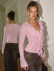 Glamine Cardigan tricoté fin avec décolleté plongeant, volants et nœud devant, couleur abricot, convient pour le port quotidien à la maison - Rose bonbon - Voir 5