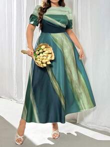 SHEIN CURVE+ Vestido largo elegante con estampado de llamas en verde, con mangas abullonadas, adecuado para ceremonias de graduación, ferias del Renacimiento, vestido fluido, primavera/verano - Verde - Ver 4