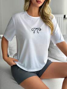 SHEIN 女士纯棉两件套家居服，圆领撞色刺绣细节短裤和纯色短裤，舒适休闲套装 - 白色 - 查看 6