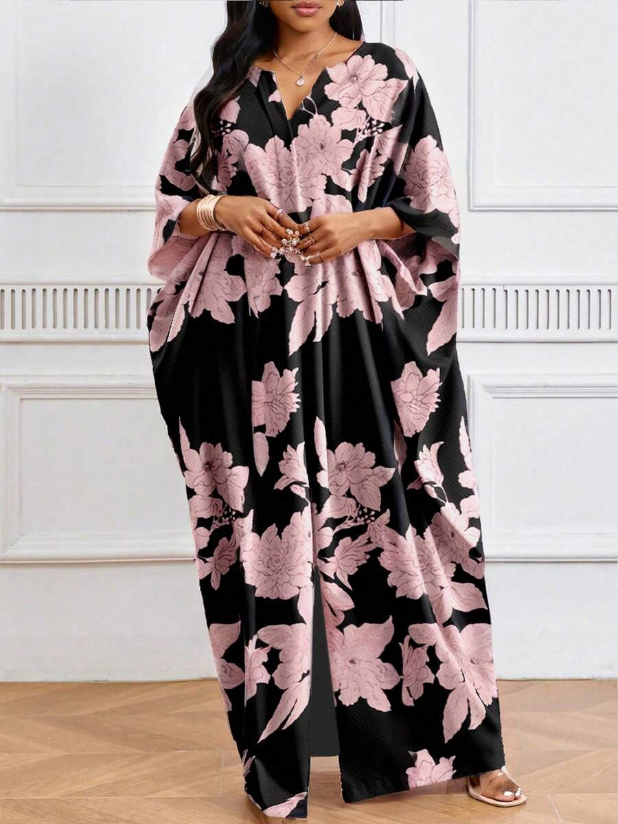 SHEIN Lady 春夏优雅黑色编织V领短袖束腰连衣裙衬衫裙加大码连衣裙万圣节服装女式长袍 - 彩色 - 查看 1
