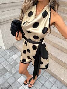 Pariaura Women's Elegant Polka Dot Print Draped Neck Backless Jumpsuit, Summer - Multicolor - View 3