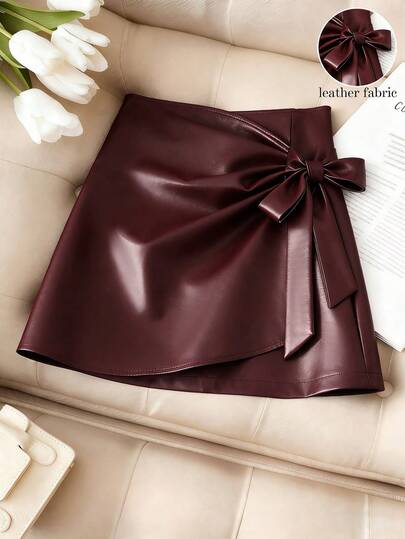 Maweii 大码女式优雅PU面料不规则下摆蝴蝶结侧边松紧腰A字迷你裙，百搭设计，适合度假、音乐会、时尚外出、派对、约会之夜、情人节等场合。