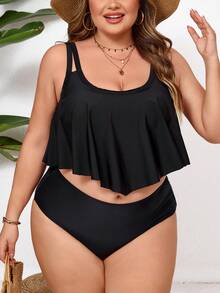 SHEIN CURVE+ Top de tankini de baño de talla grande para mujer, de unicolor, fruncido, casual y versátil para vacaciones - Negro - Ver 3