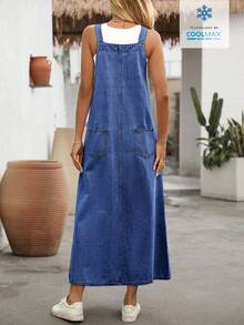 EMERY ROSE Women's Button Front Pocket Design Casual Denim Pinafore Dress - Blue - View 2